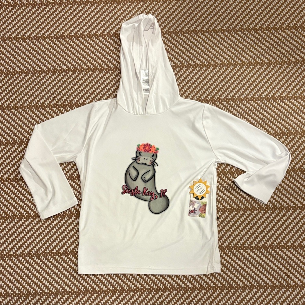 Kids White Hooded Swim Coverup with Manatee Graphic